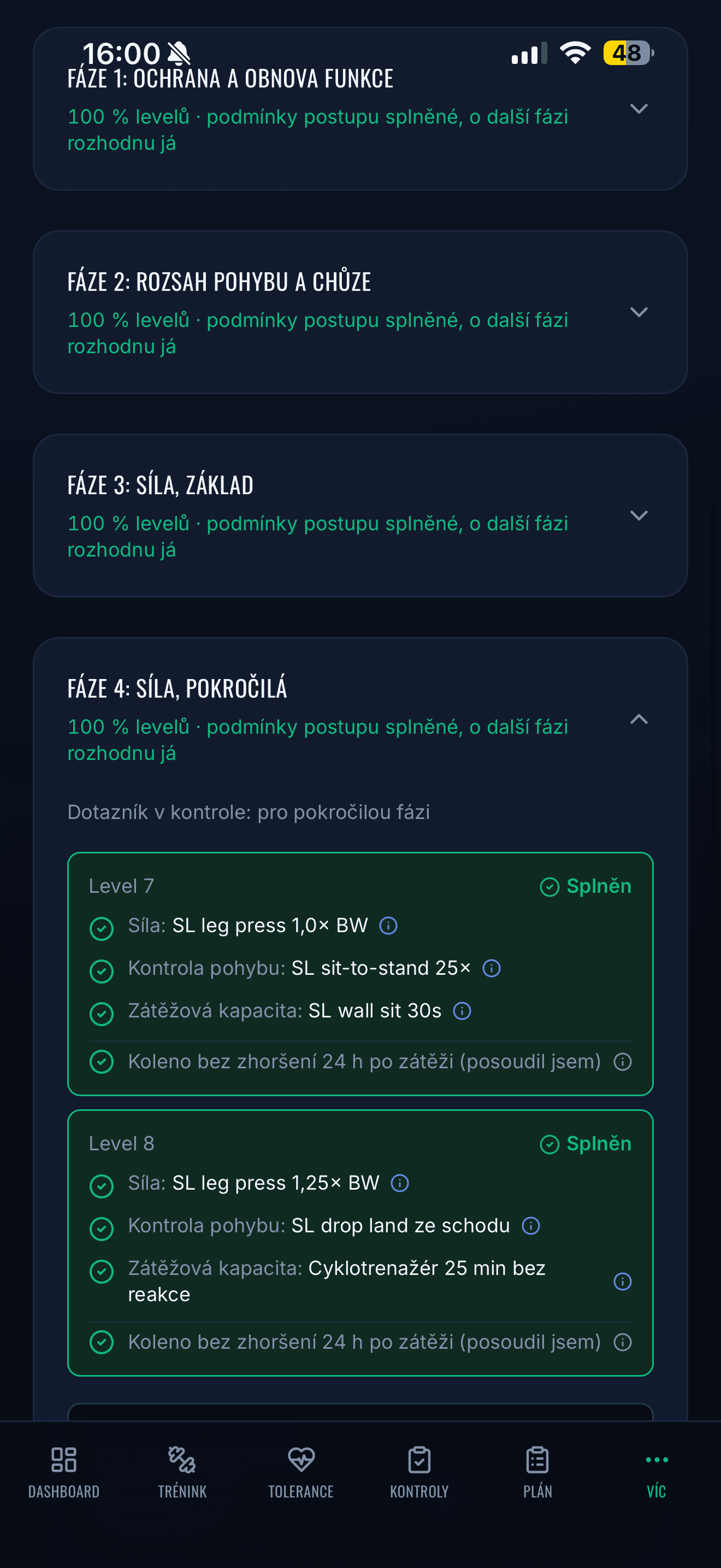 Aplikace ACL Rehab Tracker - Fáze a levely