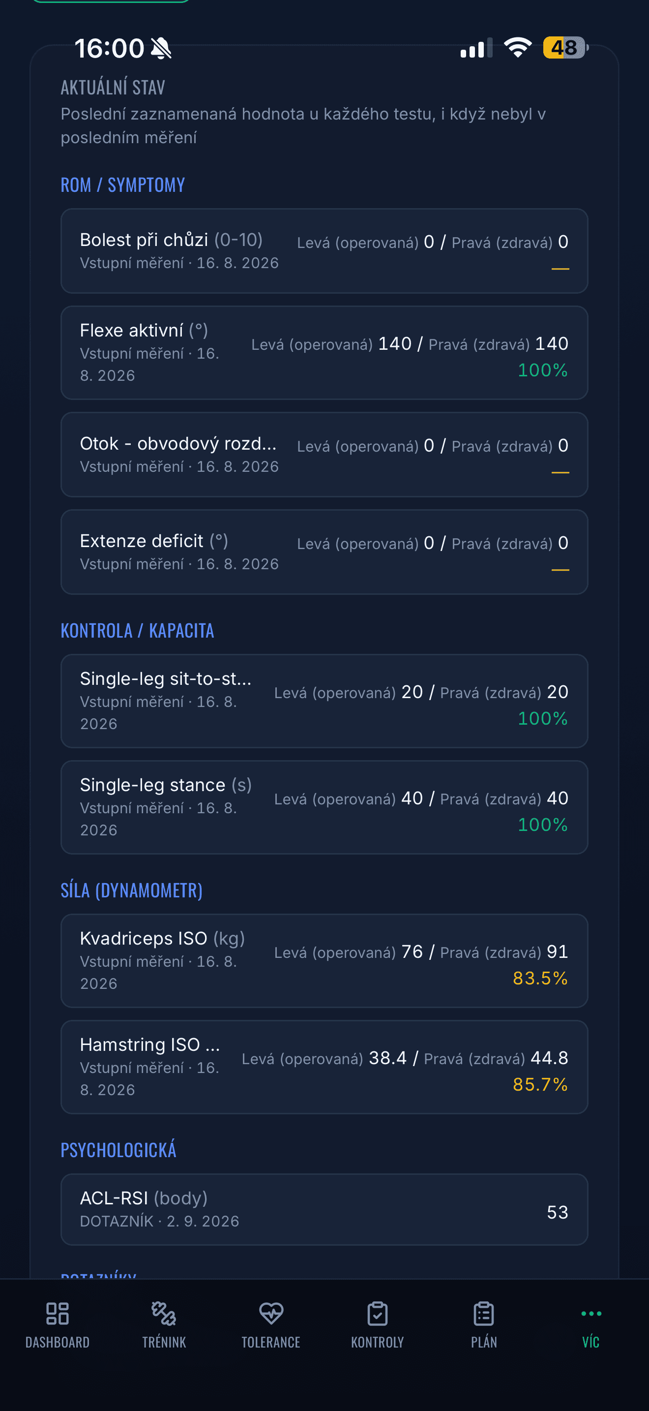 Aplikace ACL Rehab Tracker - Výsledky testů