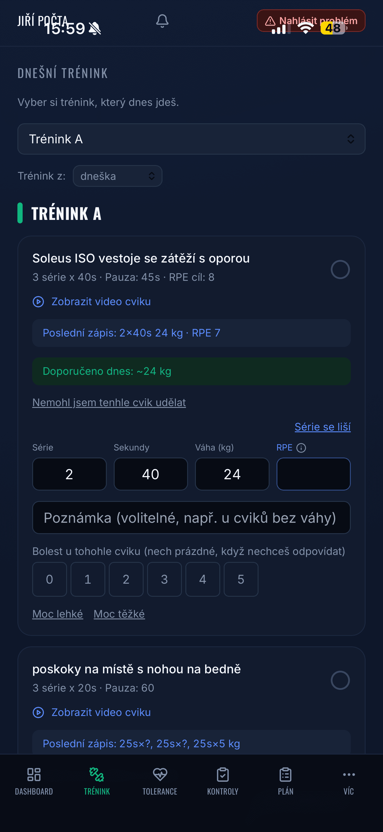 Aplikace ACL Rehab Tracker - Trénink a zápis